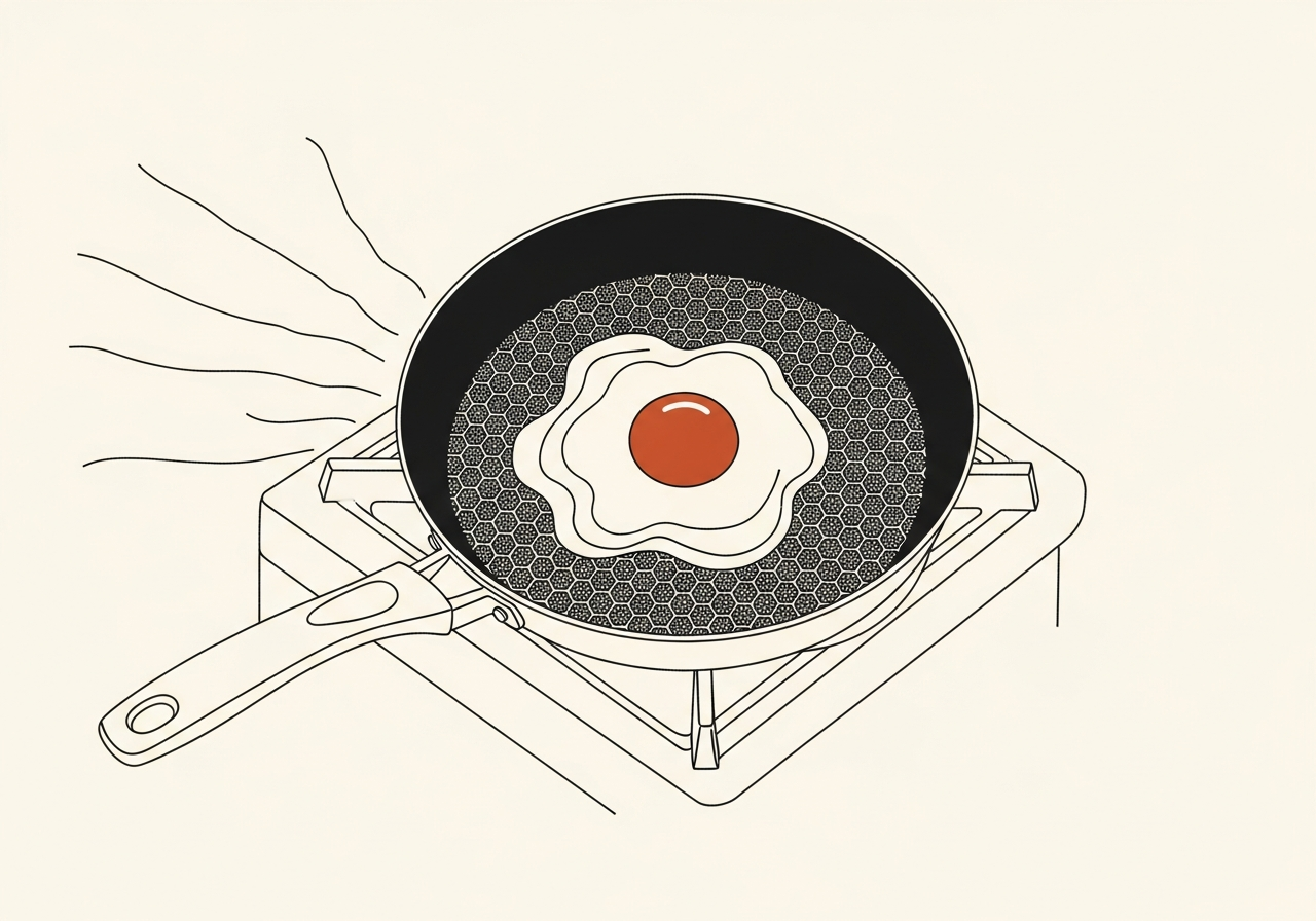 A hybrid frying pan with a hex-pattern cooking surface, an egg cooking sunny-side up.