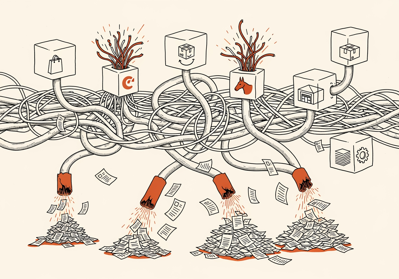 A chaotic tangle of pipes connecting business system boxes through overloaded middleware connectors, with terracotta papers gushing from burst pipe ruptures and piling on the ground.