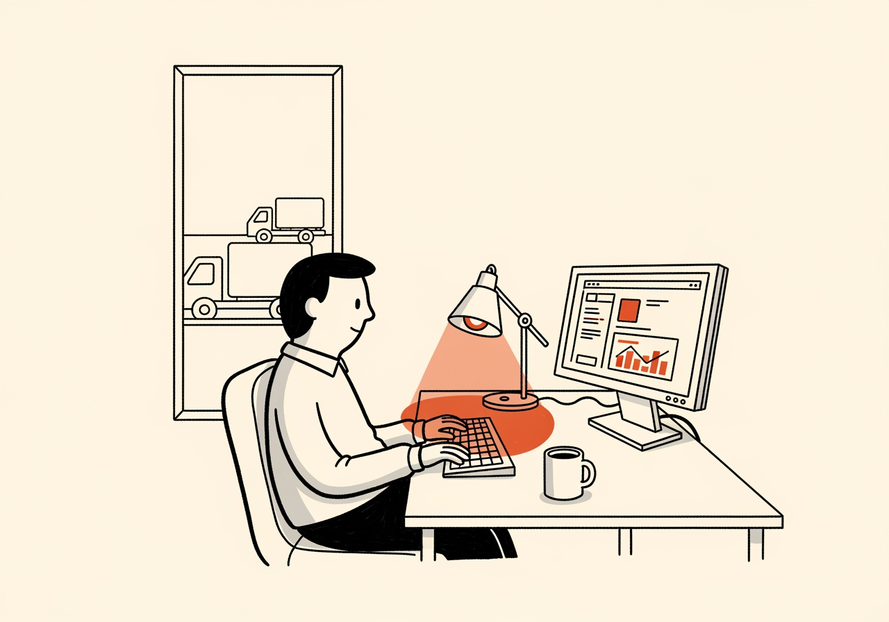 A calm operator at a desk with a single monitor; through the window behind them, faint silhouettes of delivery trucks suggesting outside activity.